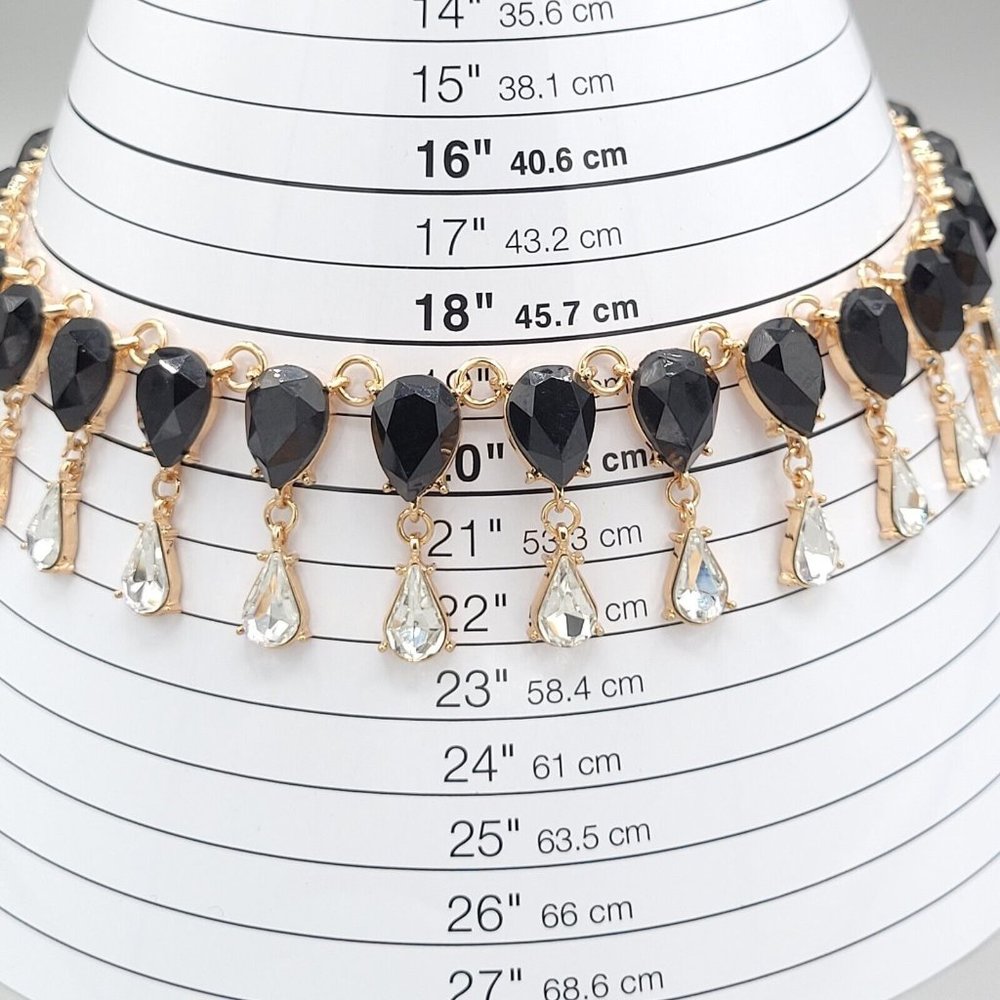 Womens Gold Tone Metal Black Clear Faceted Teardrop Crystal Necklace 19 in - Picture 9 of 9